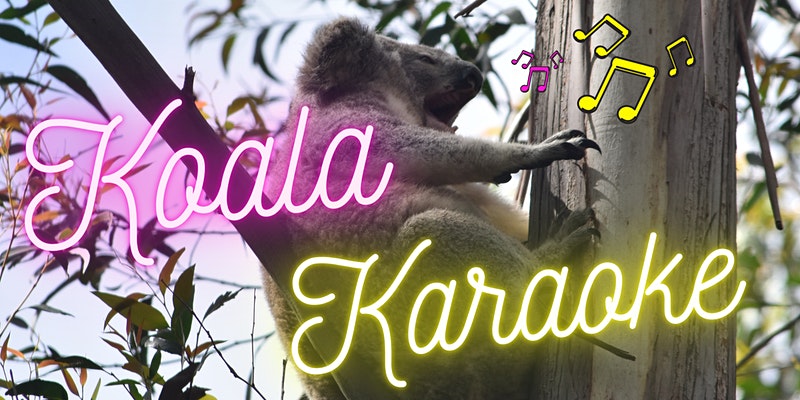 Koala in tree with event branding over top