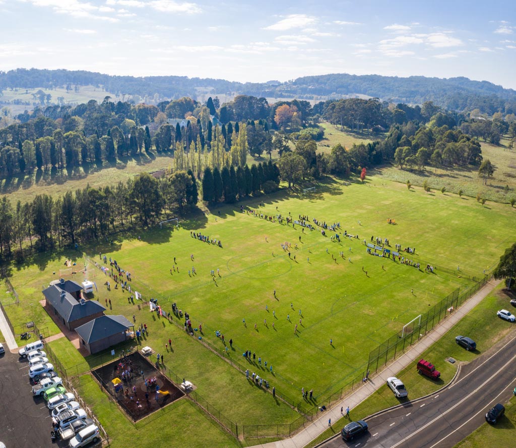 Aerial of David Wood Playing Fields in East Bowral on game day