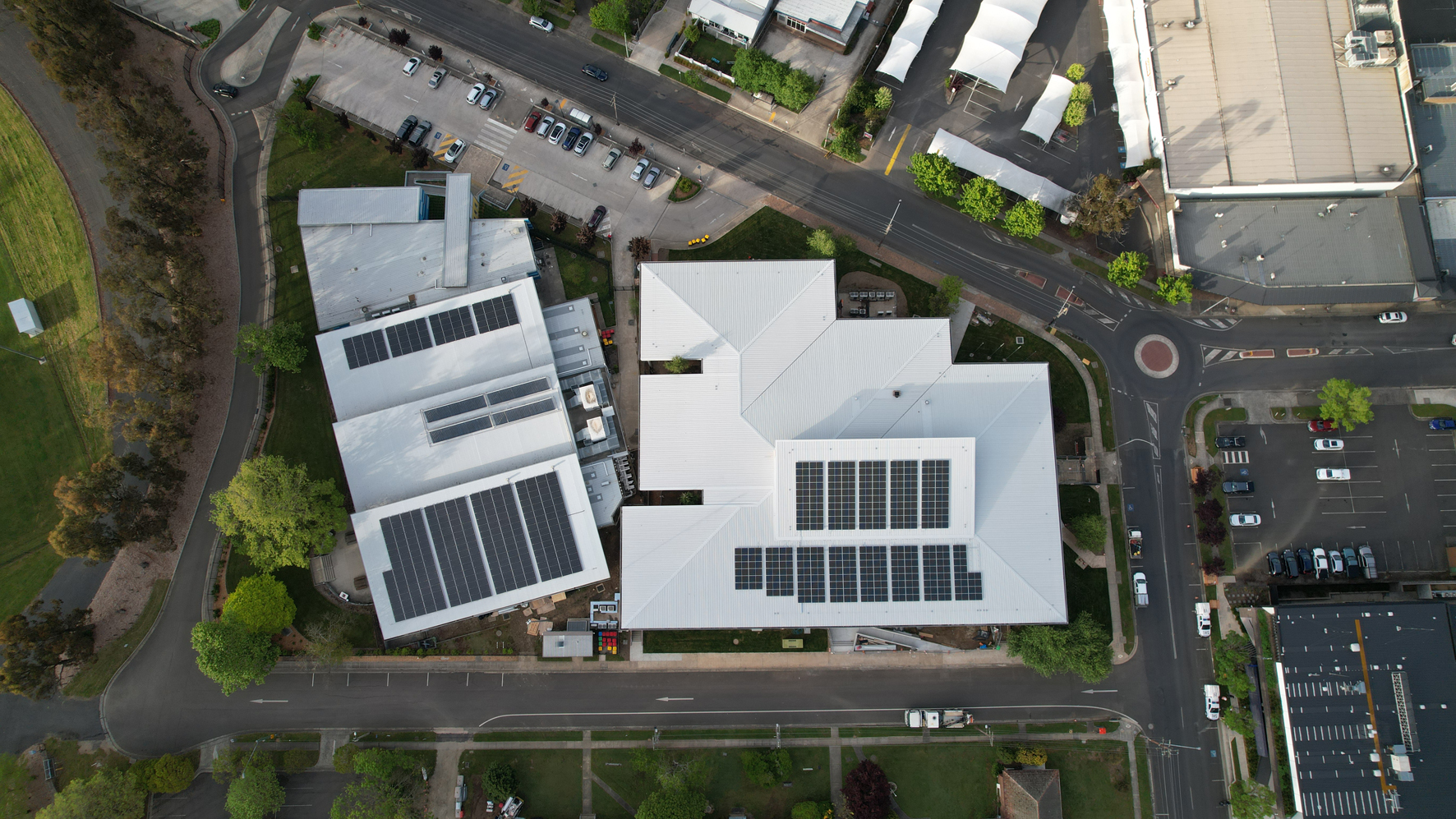 Aerial view of Civic Centre roof with solar panels