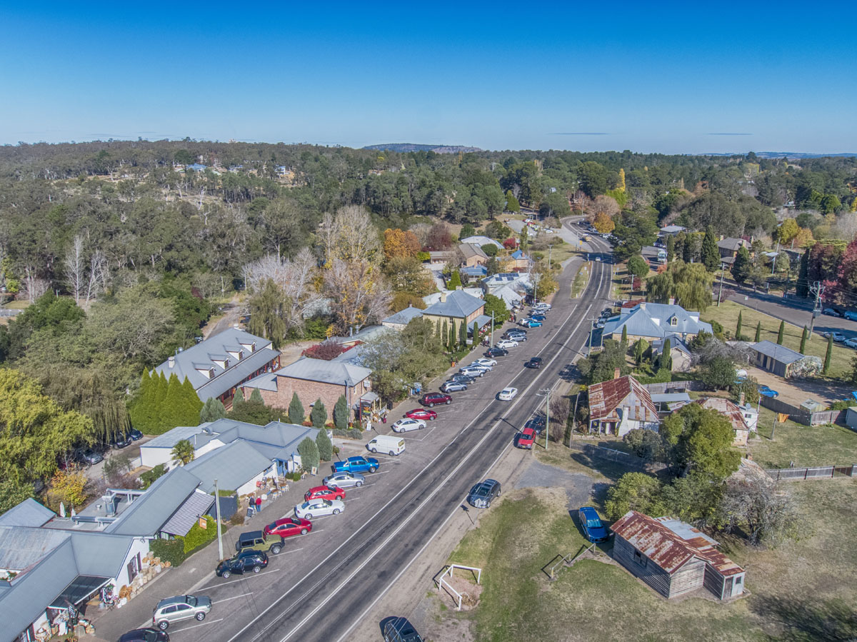 Aerial view of Berrima main street on sunny day